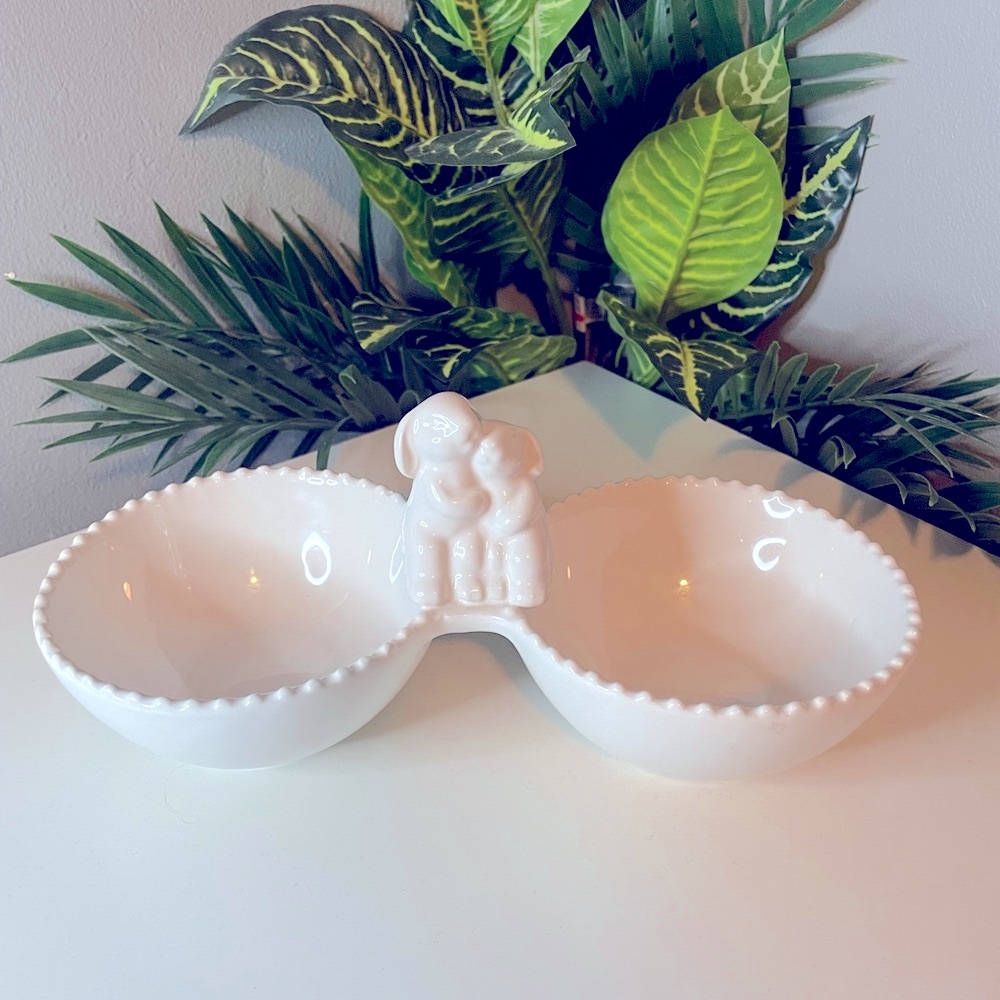 White Bunny Ceramic Double Bowl with cute Bunny Design,Rabbit serving dish